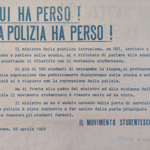 Flugblatt der Studentenbewegung von Bozen, 22. April 1968. Text: 